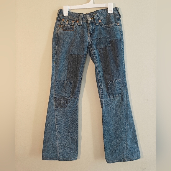 True Religion Size 27 Vintage Joey Patch Blue Jeans Low Rise Flare Boot Cut - Picture 4 of 8